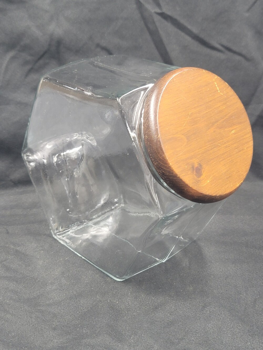 Vintage Libbey Of Canada Glass Hex Shape Candy/Storage Jar W/ Wood Lid